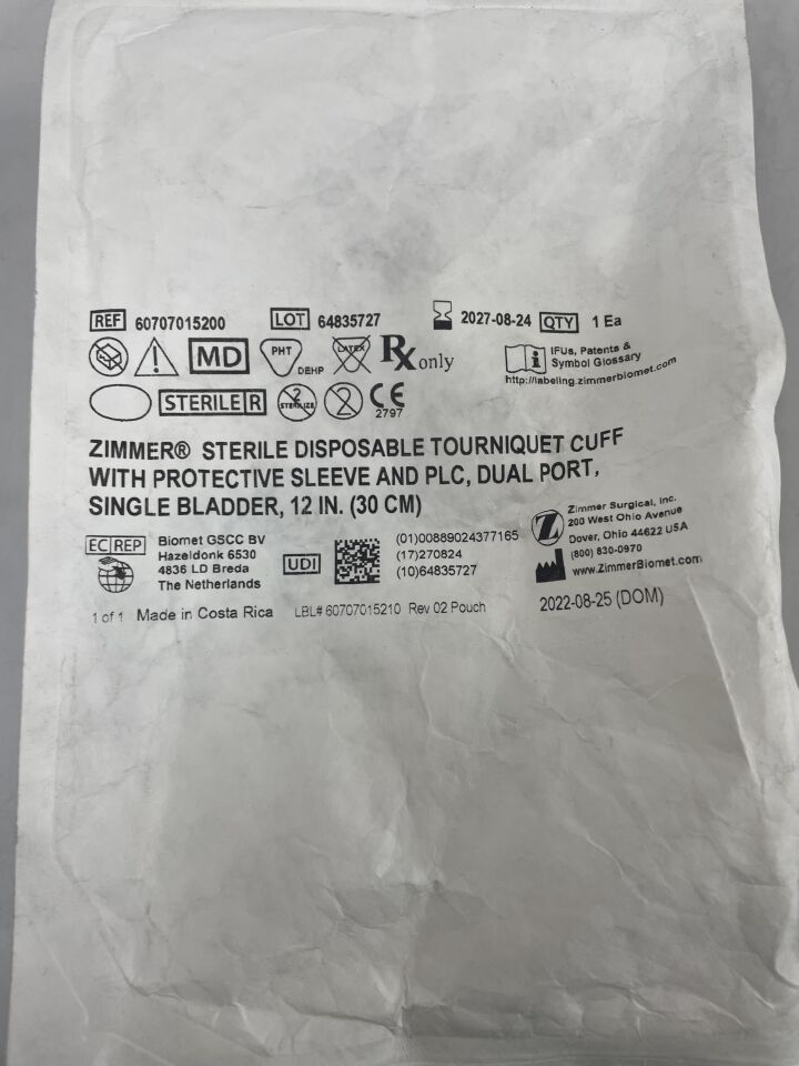 60-7070-152-00  -  ZIMMER  -  TOURNIQUET CUFF with Protective Sleeve and PLC, Dual Port, Single Bladder, 30cm , ( EA )  -  ( Expiry Date : 2027-08-24 )