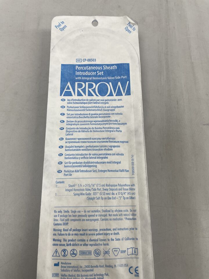 Arrow Percutaneous Sheath Introducer Set sterile medical packaging on a light grey surface