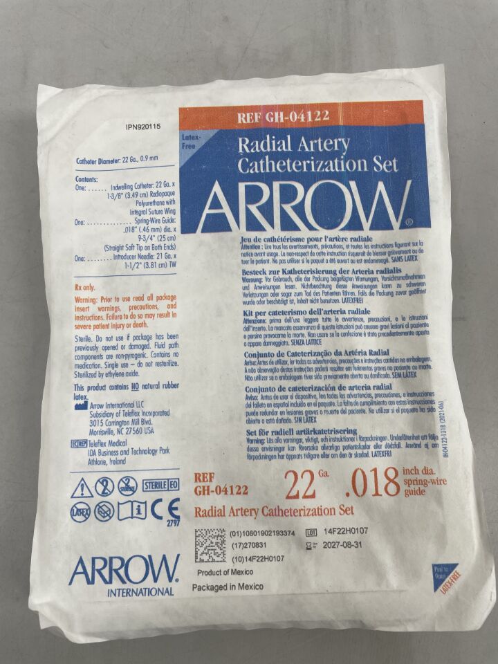 GH-04122 - ARROW - radial artery catheterization set: 22g x 1-3/8", () - ( Expiry Date: 2027-08-31 )
