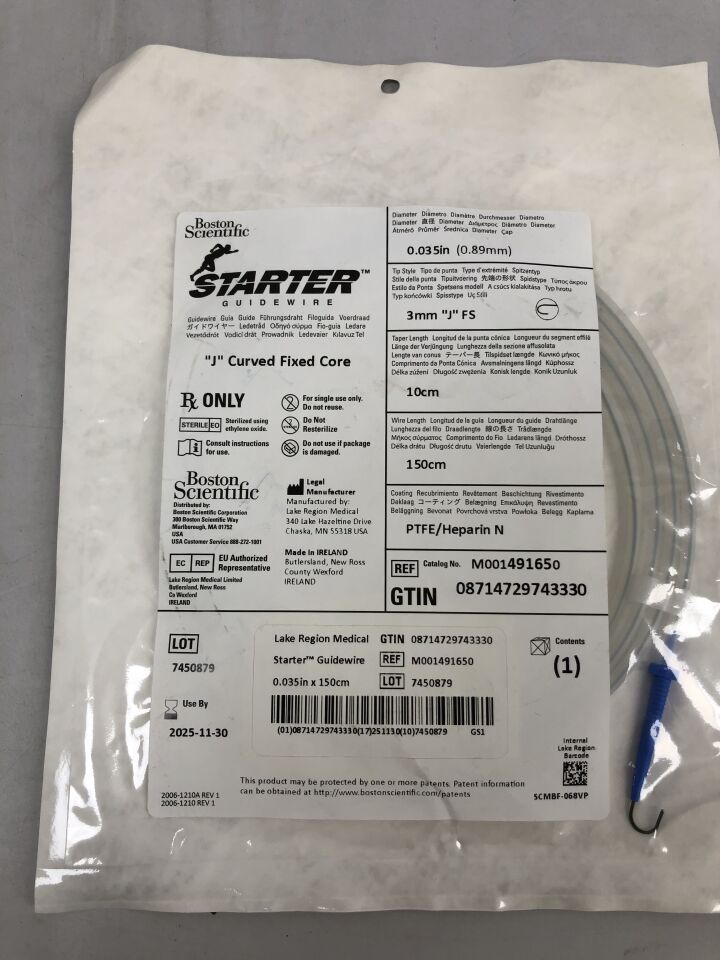 49165 - BOSTON SCIENTIFIC - Guía de inicio recubierta de PTFE, núcleo fijo curvo en J, 0,035 pulgadas de diámetro, 150 cm de longitud, (unidad) - (Fecha de caducidad: 30/11/2025)