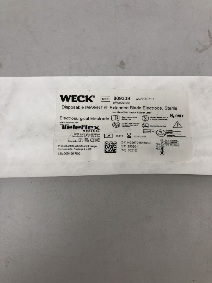809339 - TELEFLEX - Weck 電外科電極 IMA/ENT 加長刀片，6 英寸，（EA）-（有效期至：2025-03-01）