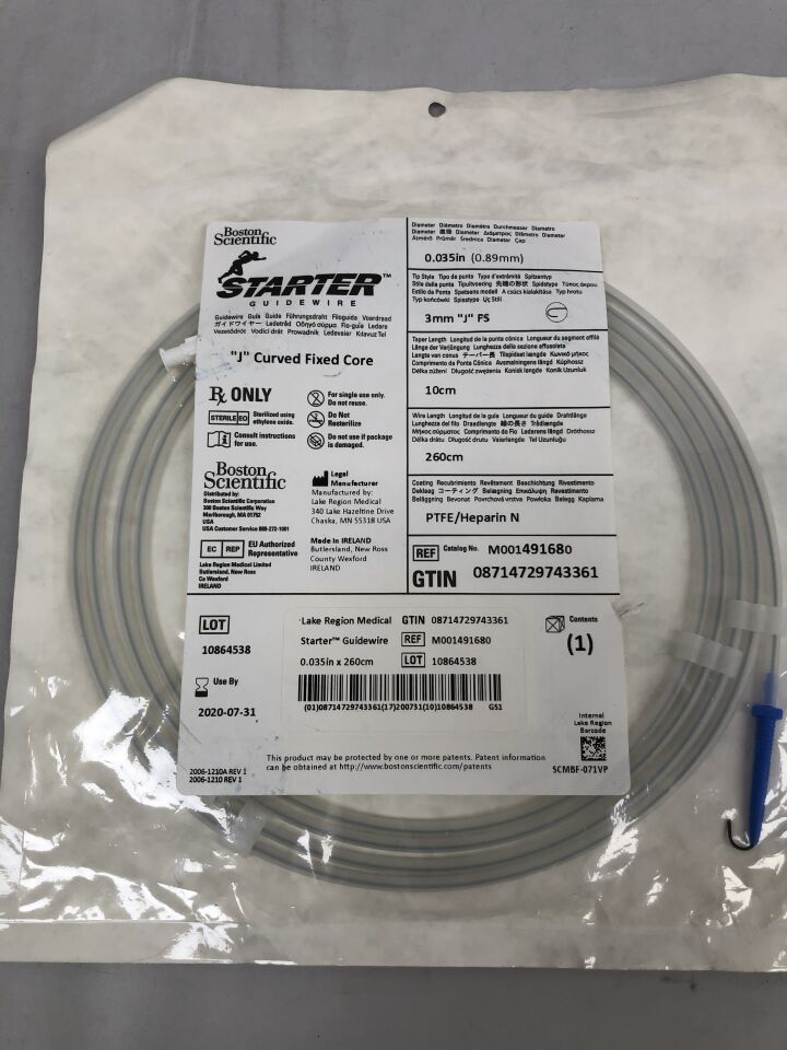 49168 - BOSTON SCIENTIFIC - Starter Guidewire PTFE Coated, J Curved Fixed Core, 0.035in diameter, 260cm length, (EA) - ( Expiry Date: 2020-07-31 )