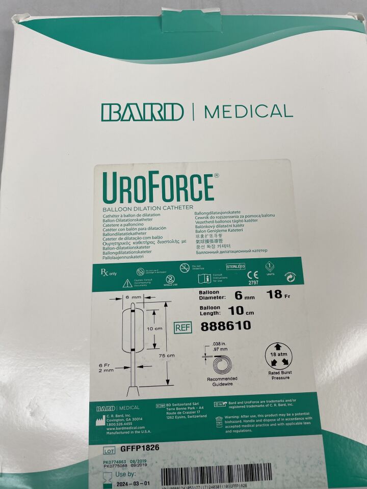 888610 - BARD - UROFORCE URETEROSCOPIC BALLOON DILATION CATHETER 6mm X 100mm, 75cm, (EA) - ( Expiry Date: 2024-03-01 )
