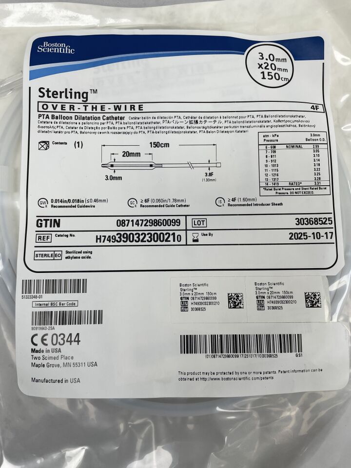 3903230021 - BOSTON SCIENTIFIC - Catéter de dilatación con balón Sterling OTW PTA - 3,0 mm x 20 mm x 150 cm
 , ( ) - ( Fecha de vencimiento : 2025-10-17 )