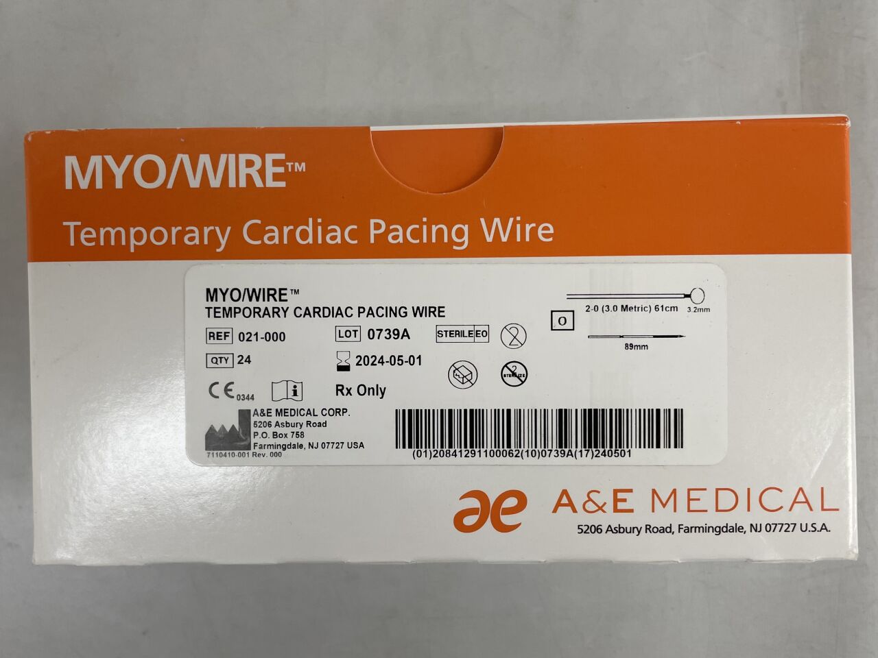 021-000 - A&E MEDICAL - MYO/WIRE Temporary Cardiac Pacing Wire 2-0 / 61cm , 89mm, (BX/24) - ( Expiry Date: 2024-05-01 )