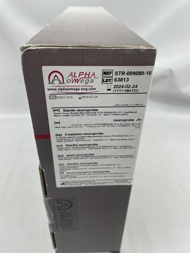 STR-009080-00 - ALPHA OMEGA - NeuroProbe Sonus Shielded Microelectrode, 237mm Macrolength+Tip, 1.27mm OD, Micro to Macro 3mm, (BX/10) - ( Expiry Date: 2024-02-14 )