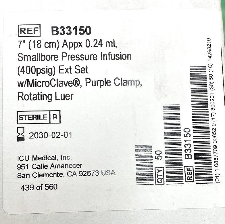 B33150 - ICU MEDICAL - Small bore pressure infusion ext set, (BX/50)