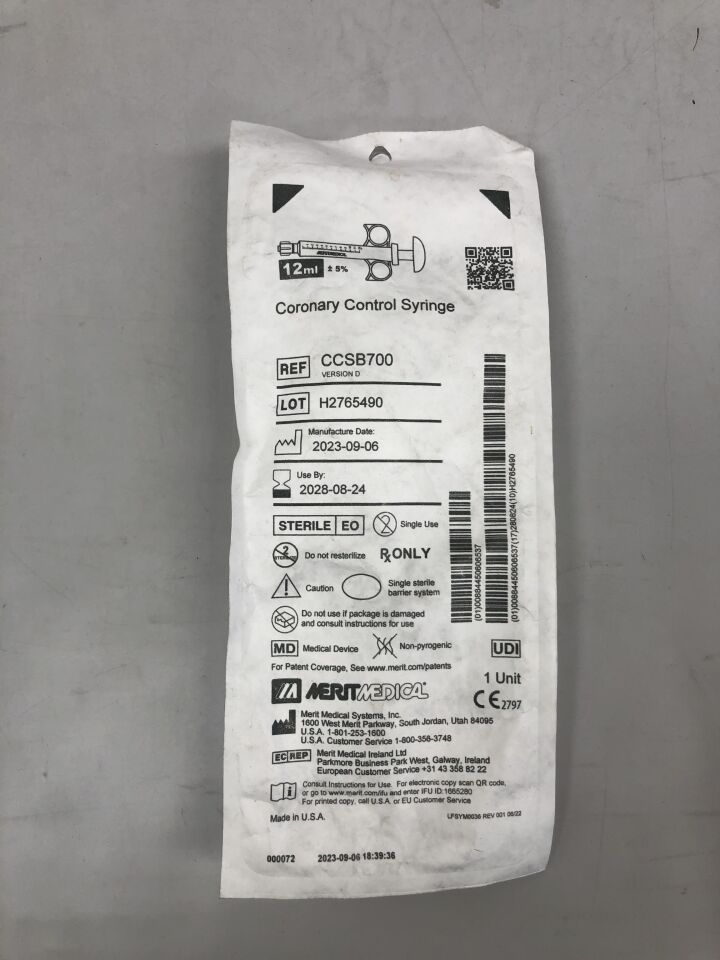 CCSB700 - MERIT - Jeringa de control coronario, 12 ml, (cada una) - (Fecha de caducidad: 24/08/2028)