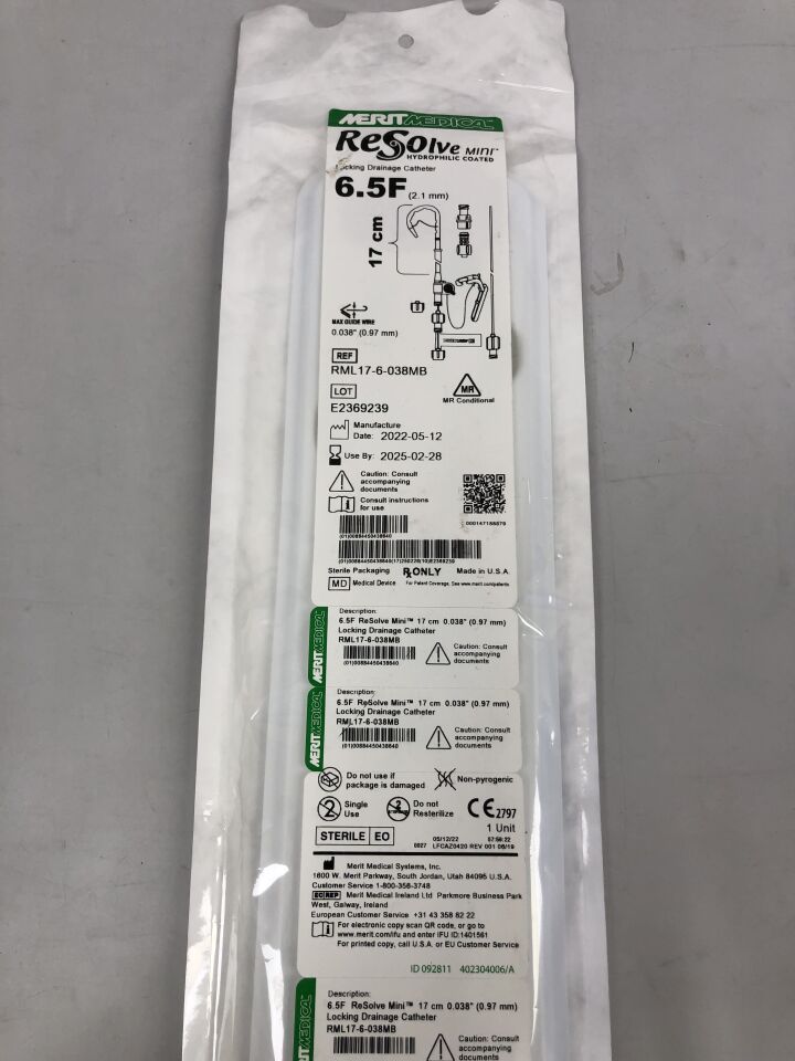 RML17-6-038MB - MERIT - Catéter de drenaje de bloqueo con recubrimiento hidrofílico Resolve Mini, 6,5 F, (unidad) - (Fecha de caducidad: 28/02/2025)