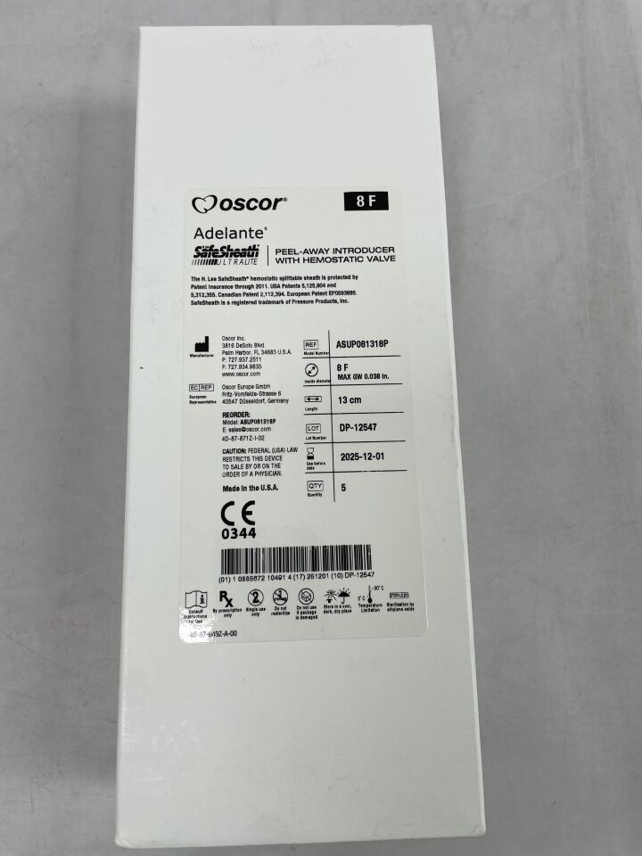 ASUP081318P - OSCOR - Adelante SafeSheath Ultralite 剝離式導入器，帶止血閥，8F，（5支/盒）-（有效期至：2025年12月1日）