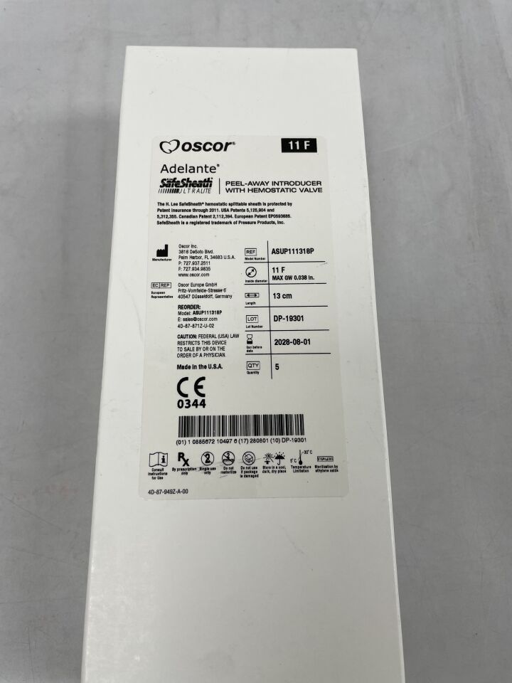 ASUP111318P - OSCOR - Adelante SafeSheath Ultralite 剝離式導入器，帶止血閥，11F，（BX/5）-（有效期至：2028-08-01）