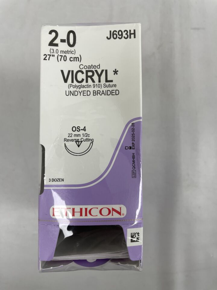 J693H - ETHICON - 縫合線，2-0號，27吋長，未染色，聚乳酸-羥基乙酸共聚物910，編織，半圓，22毫米針長，（盒/36）-（有效期至：2025年2月28日）