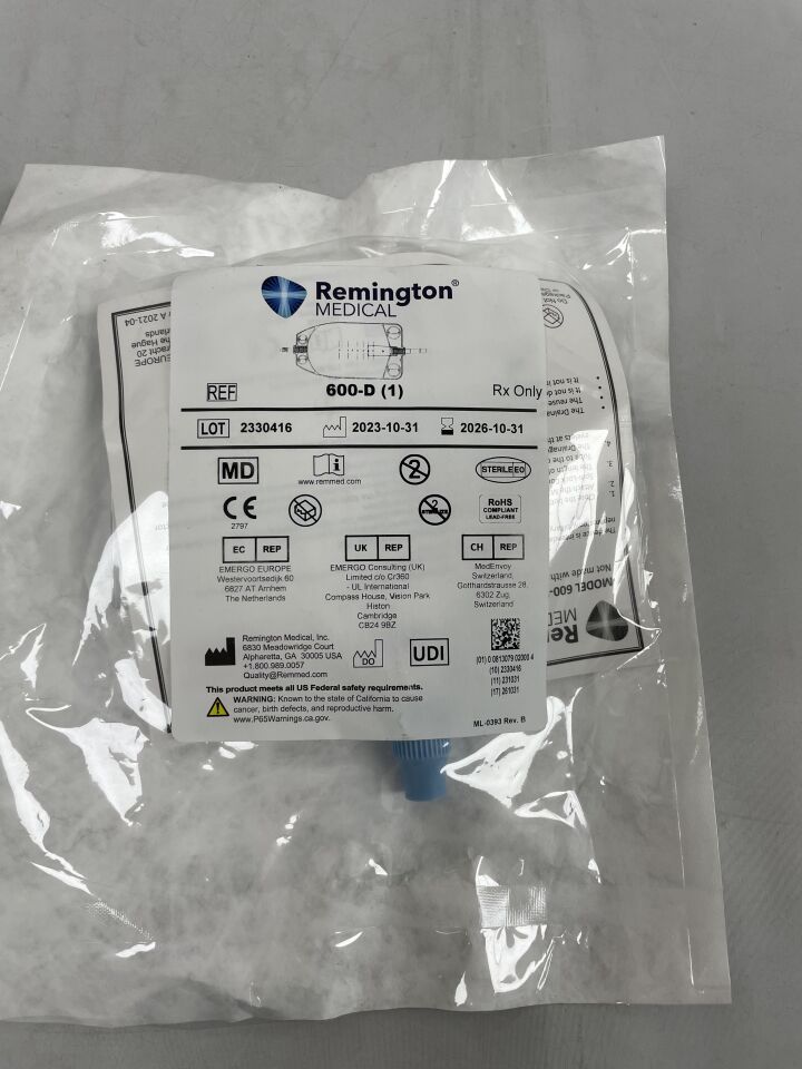 600-D - 雷明頓醫療 - 腎臟造瘻管引流袋 600 毫升，（EA）-（有效期限至：2026-10-31）