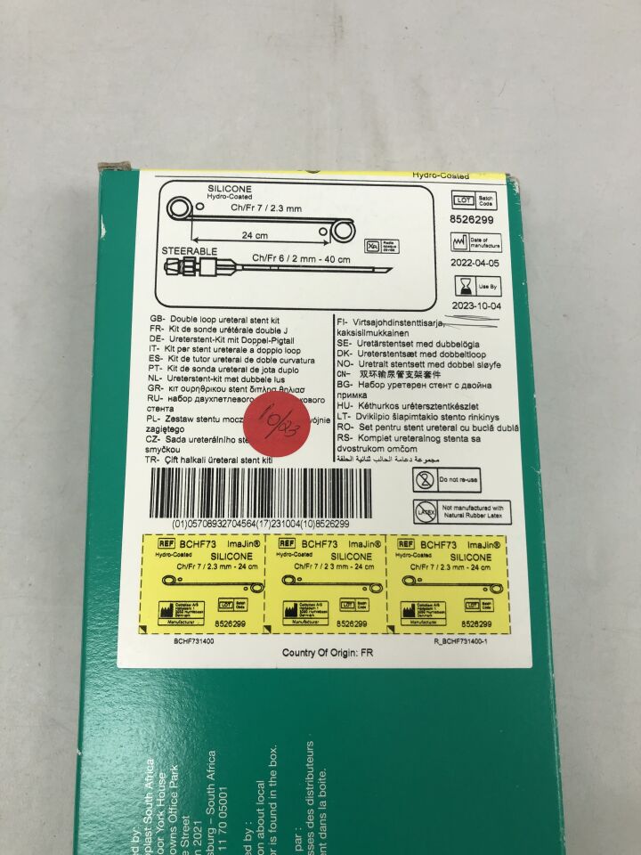 BCHF73 - COLOPLAST - Double Loop Ureteral Stent Kit, Silicone Hydro-Coated, 7F, 24cm length, (BX/30) - ( Expiry Date: 2023-10-04 )