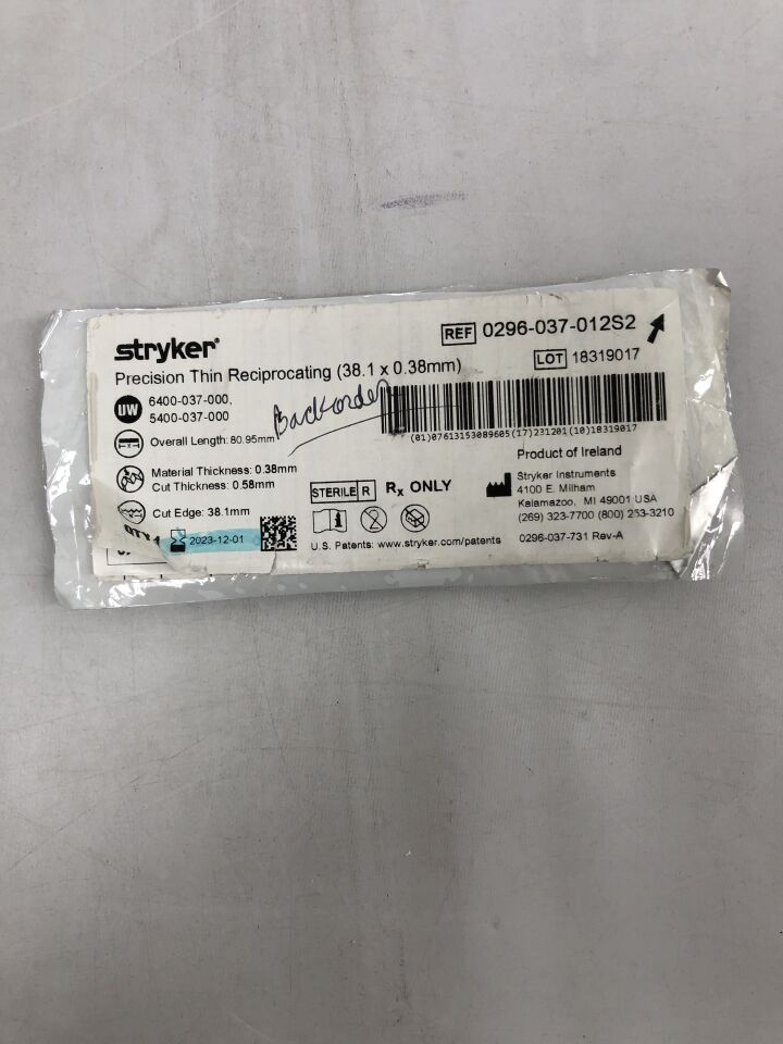 0296-037-012S2 - STRYKER - Precision Thin Reciprocating Blade, 38.1 X 0.38mm, (EA) - ( Expiry Date: 2023-12-01 )
