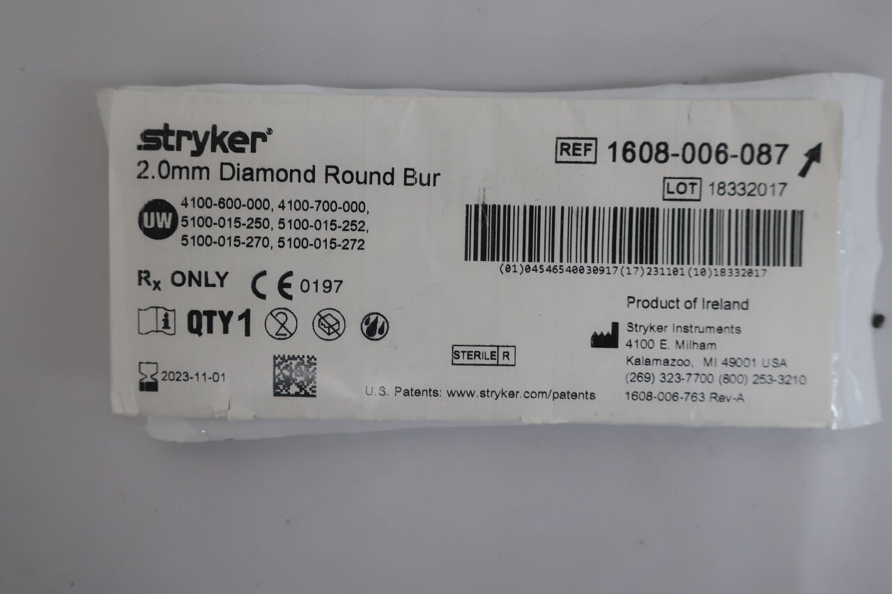 1608-006-087 - STRYKER - Diamond Round Micro Burr, 2 mm Head Diameter, 54 mm Length, () - ( Expiry Date: 2024-05-01 )