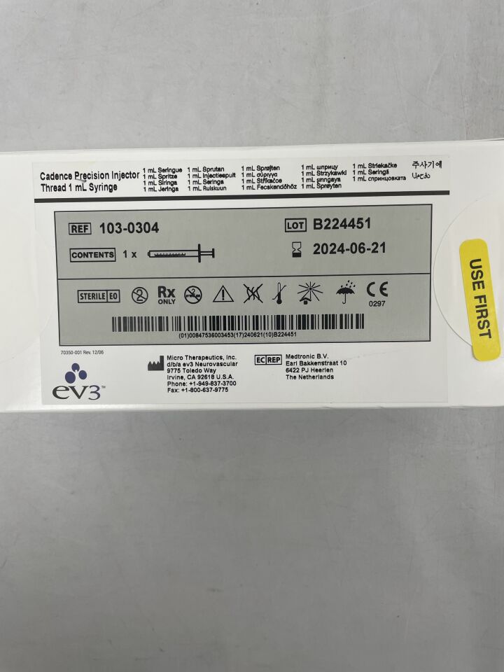103-0304 - EV3 - precision injector thread 1ml syringe, (BX/1) - ( Expiry Date: 2024-06-21 )