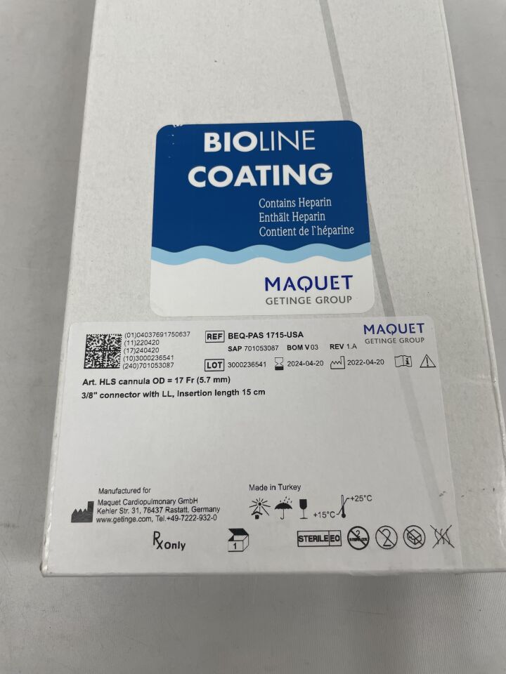 BEQ-PAS1715-USA - MAQUET - arterial hls cannula, bioline 17f x 15cm, () - ( Expiry Date: 2024-04-20 )