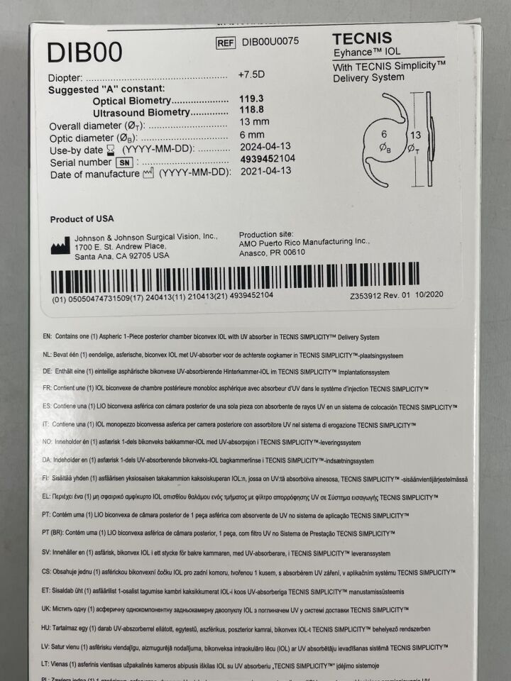 DIB00U0075 - JOHNSON & JOHNSON - TECNIS Eyhance IOL with TECNIS Simplicity Delivery System, +7.5D, ()