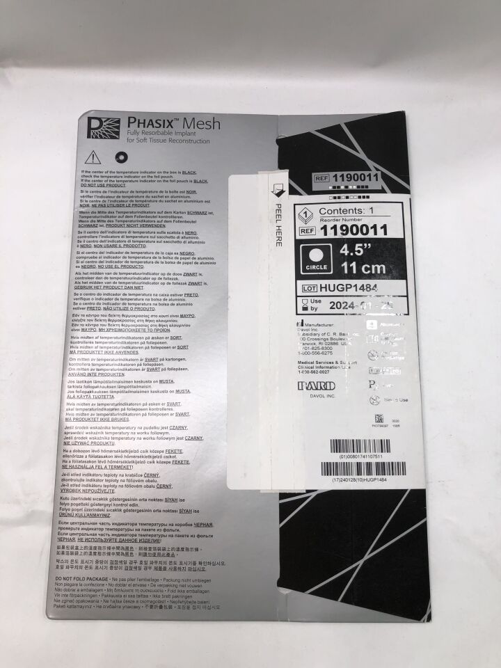 1190011 - BARD - Phasix Mesh Fully Resorbable Implant for Soft Tissue Reconstruction, 4.5in circle, (EA) - ( Expiry Date: 2024-01-28 )