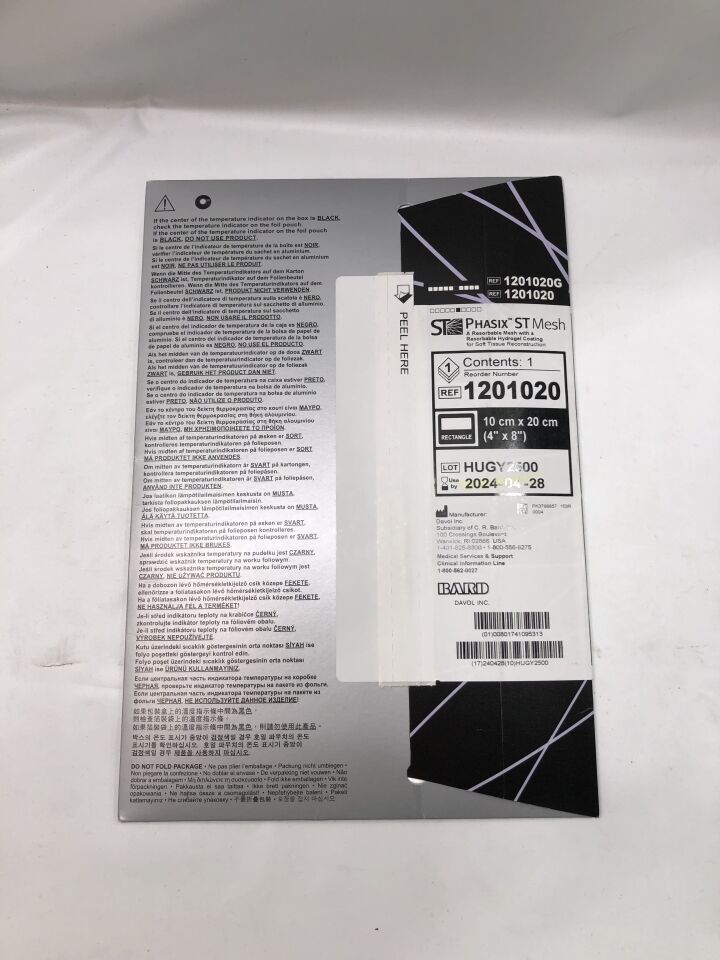 1201020 - BARD - Phasix ST Monofilament Resorbable Mesh w/Hydrogel Barrier 10cm x 20cm (4" x 8") Rectangle
, (BX/1) - ( Expiry Date: 2024-04-28 )