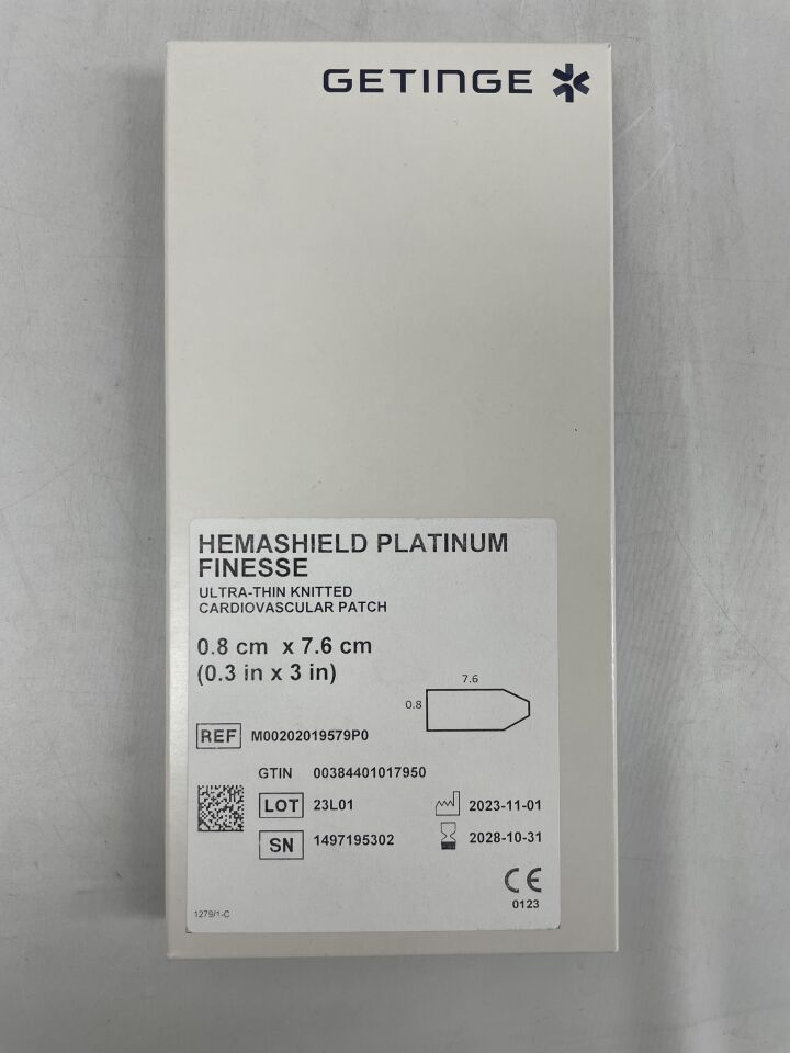 M00202019579P0  -  MAQUET  -  hemashield platinum finesse ultra-thin knitted cardiovascular patch - 0.8cm x 7.6cm , ( EA )  -  ( Expiry Date : 2028-10-31 )