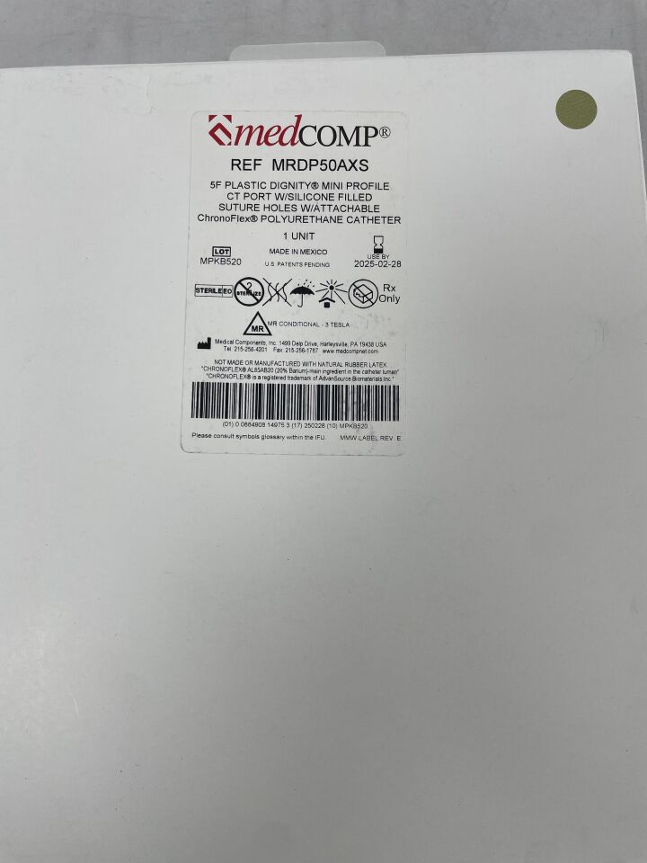 MRDP50AXS - COMPONENTES MÉDICOS - PUERTO DE TC DE PERFIL MINI DIGNITY® DE PLÁSTICO 5F CON ORIFICIOS DE SUTURA RELLENOS DE SILICONA Y CATÉTER DE POLIURETANO ChronoFlex® CONECTABLE (Caja/1) - (Fecha de vencimiento: 28/02/2025)