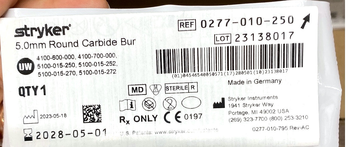 0277-010-250 - STRYKER - 5.0mm Round Carbide Bur, (EA/1)
