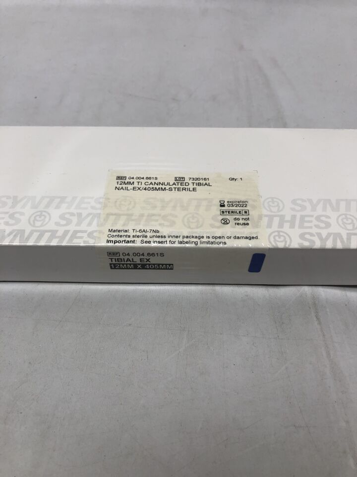 04.004.661S - SYNTHES - 12mm Titanium Cannulated Tibial Nail, 405mm, (BX/1) - ( Expiry Date: 2022-03-31 )