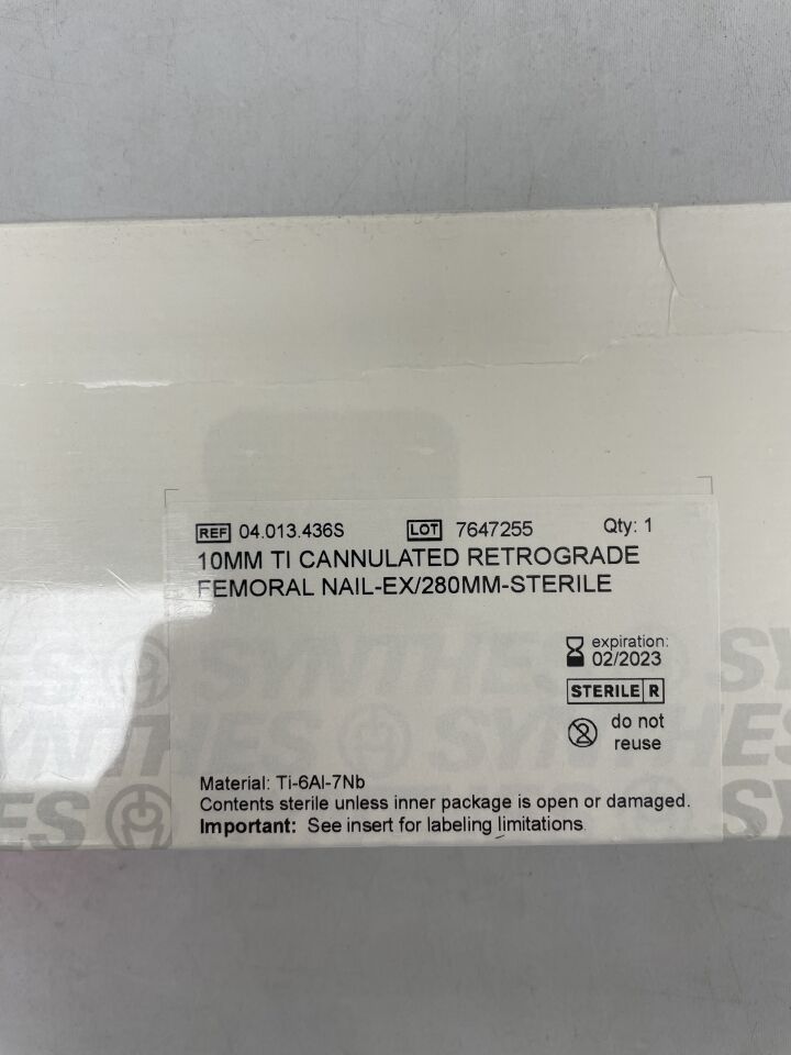 04.013.436S - SYNTHES - 10mm ti cannulated retrograde femoral nail-ex/280mm-sterile, (BX/1) - ( Expiry Date: 2023-02-28 )