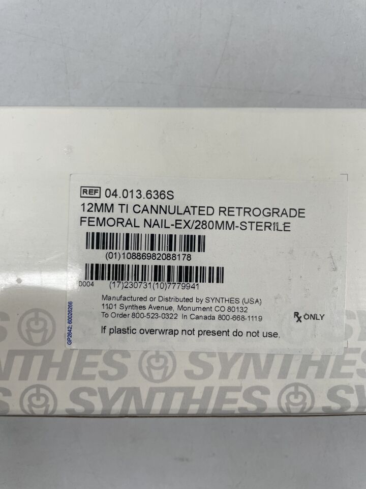 04.013.636S - SYNTHES - 12mm ti cannulated retrograde femoral nail-ex/280mm-sterile, (BX/1) - ( Expiry Date: 2023-07-31 )