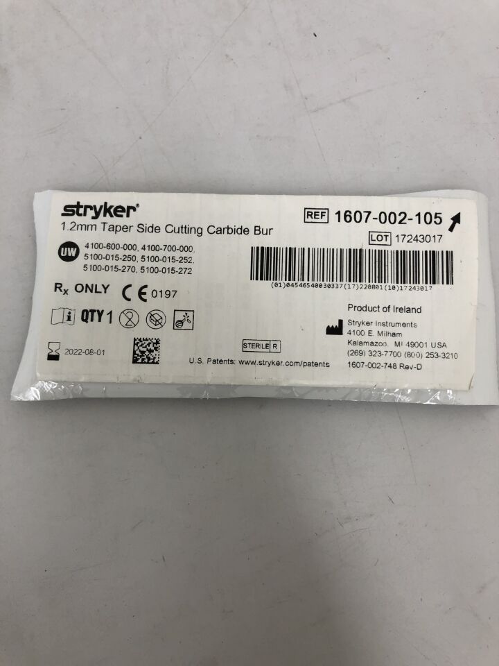 1607-002-105 - STRYKER - Taper Side Cutting Carbide Bur, 1.2mm, (EA) - ( Expiry Date: 2022-08-01 )