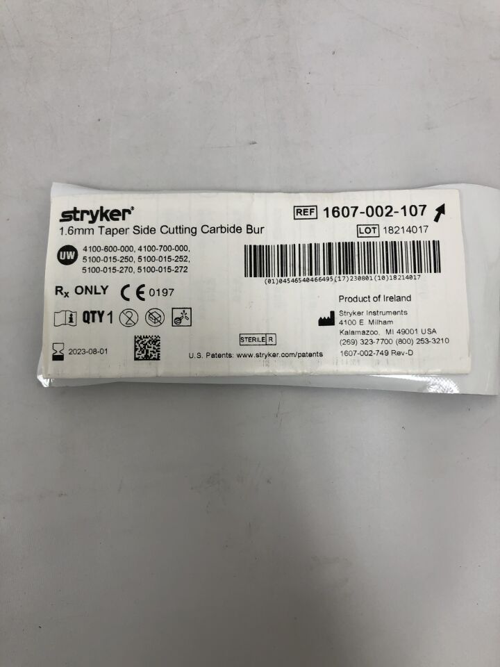 1607-002-107 - STRYKER - Taper Side Cutting Carbide Bur, 1.6mm, () - ( Expiry Date: 2023-08-01 )