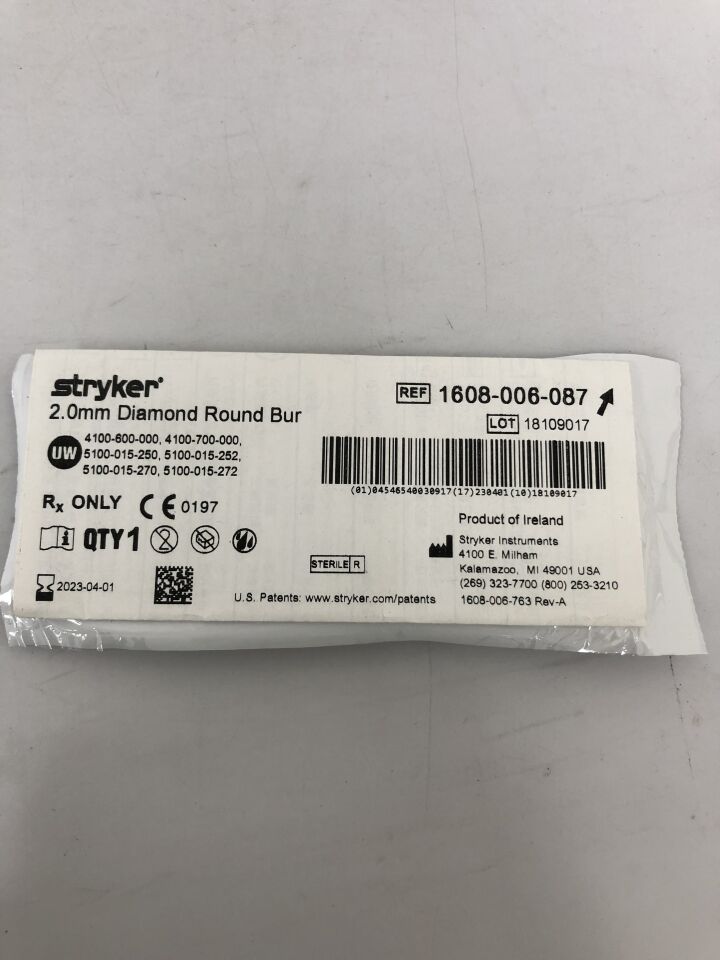 1608-006-087 - STRYKER - Diamond Round Micro Burr, 2 mm Head Diameter, 54 mm Length, () - ( Expiry Date: 2023-04-01 )