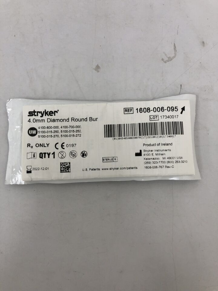 1608-006-095 - STRYKER - Diamond Round Micro Burr, 4 mm Head Diameter, 54 mm Length, (EA) - ( Expiry Date: 2022-12-01 )
