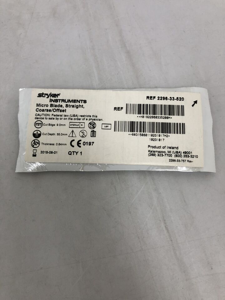 2296-33-520 - STRYKER - Precision Offset Oscillating Sagittal Blade, 9mm X 35mm X 0.64mm, (EA) - ( Expiry Date: 2015-08-01 )
