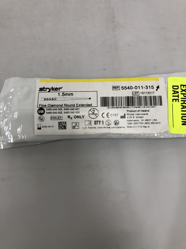 5540-011-315 - STRYKER - Round Fine Diamond Extended Bur, 1.5mm, () - ( Expiry Date: 2024-04-01 )