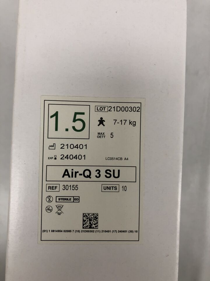 30155 - COOKGAS - Air-Q 3 Intubating Laryngeal Airway, Size 1.5, 7-17kg, 5.0 mm max ETT, 14.0 mm mouth opening, 11.0 cm tube length, 1.0 mL inflation volume, (BX/10) - ( Expiry Date: 2024-04-01 )