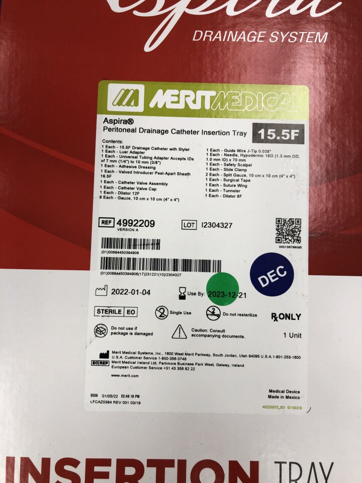 4992209 - MERIT MEDICAL - ASPIRA Peritoneal Drainage Catheter Insertion Tray, 15.5F, () - ( Expiry Date: 2023-12-21 )