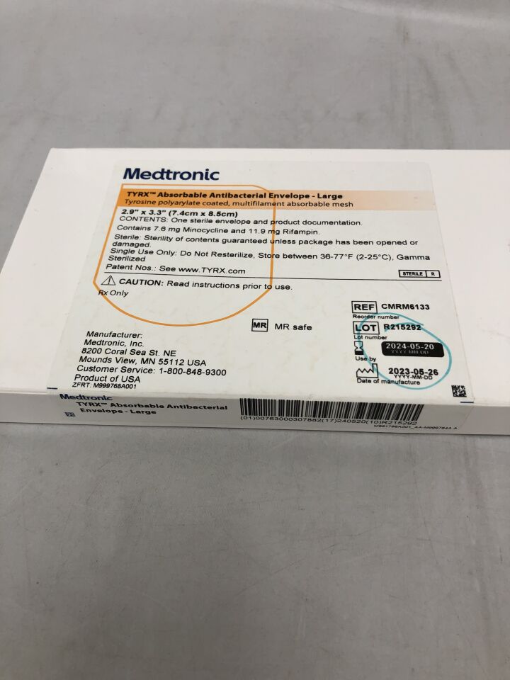 CMRM6133 - MEDTRONIC - TYRX Absorbable Antibacterial Envelope, Large, Tyrosine Polyarylate Coated, Multifilament Absorbable Mesh, 2.9in X 3.3in, () - ( Expiry Date: 2024-05-20 )