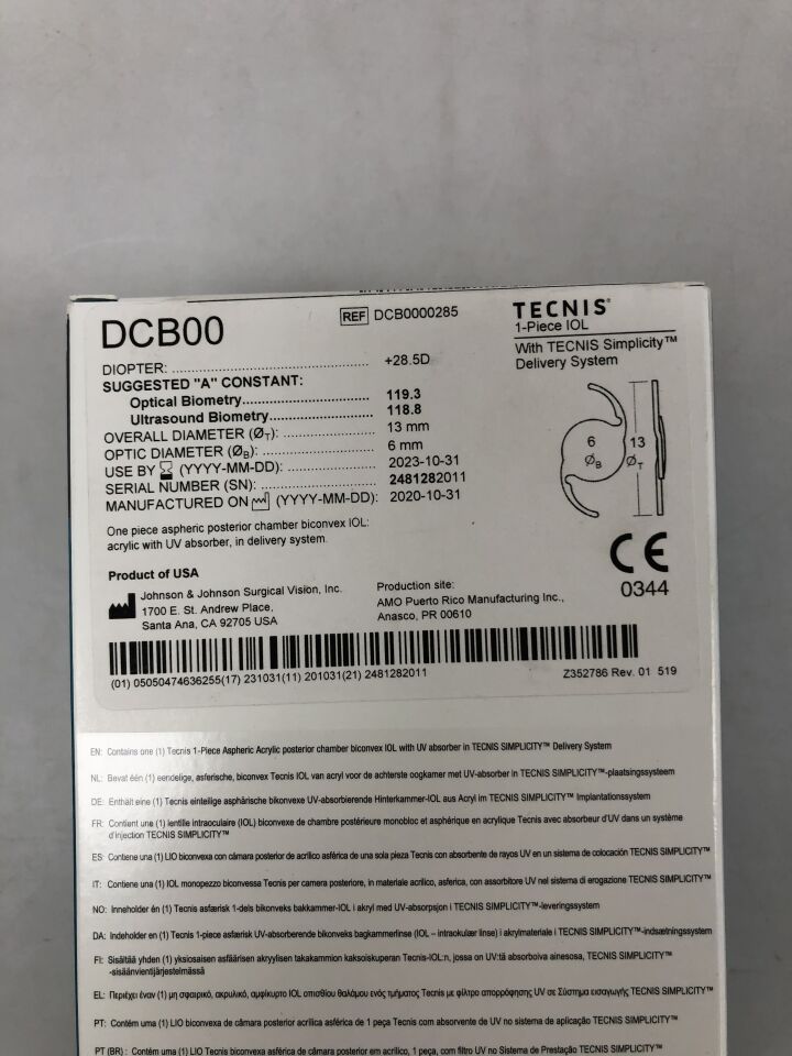 DCB0000285 - JOHNSON & JOHNSON - tecnis smplcty iol 1pc clr mono 28.5d, (BX/1) - ( Expiry Date: 2023-10-31 )