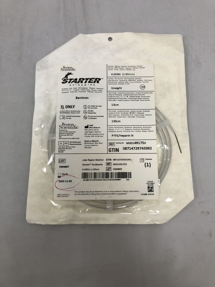 49175 - BOSTON SCIENTIFIC - Starter Guidewire - Bentson Straight - PTFE/Heparin N - .035" x 150cm, () - ( Expiry Date: 2023-11-30 )