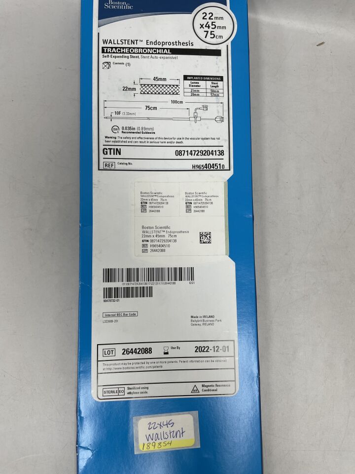 H965404510 - BOSTON SCIENTIFIC - Wallstent Endoprosthesis Tracheobronchial, 22mm x 45mm x 75cm, (BX/1) - ( Expiry Date: 2022-12-01 )