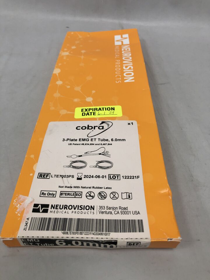 LTE7003PS - NEUROVISION - Cobra 3-Plate EMG ET Tube, 6mm, (BX/1) - ( Expiry Date: 2024-06-01 )