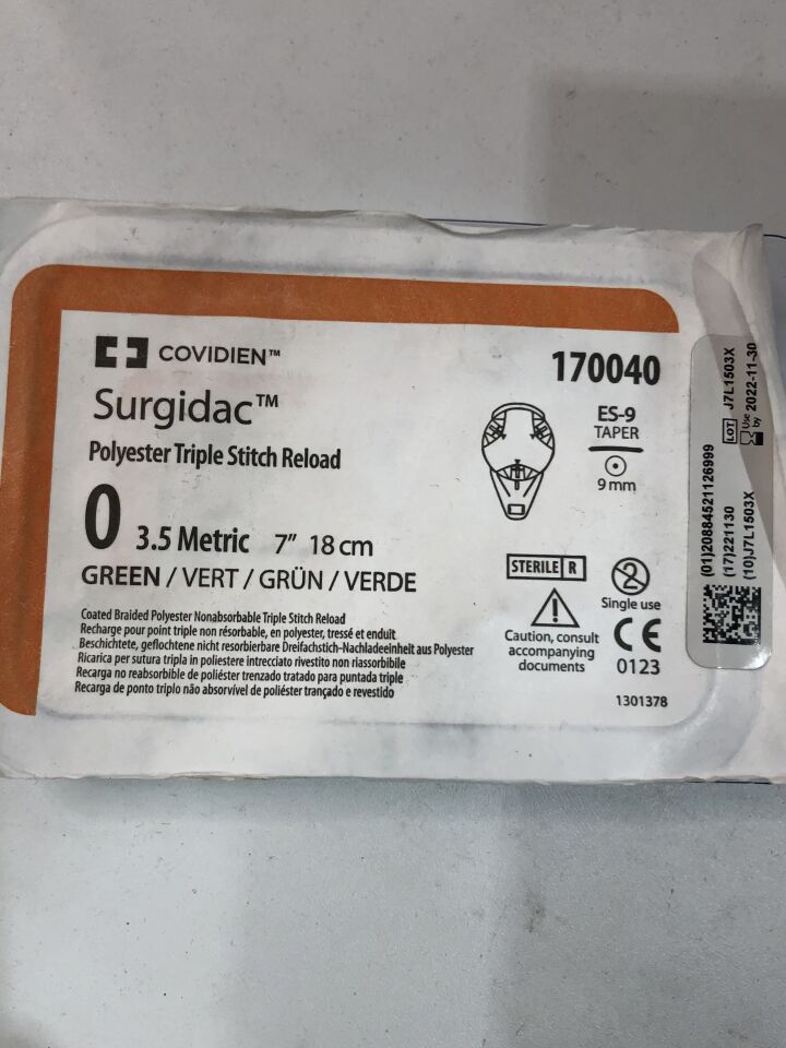 170040 - COVIDIEN - Surgidac Polyester Triple Stitch Reload, size 0, 7", Green, ES-9 Taper, (EA) - ( Expiry Date: 2022-11-30 )