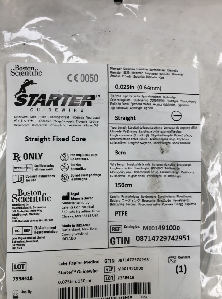49100 - BOSTON SCIENTIFIC - Guía de inicio, núcleo fijo recto, 0,025" x 150 cm, (unidad) - (Fecha de caducidad: 31/08/2025)