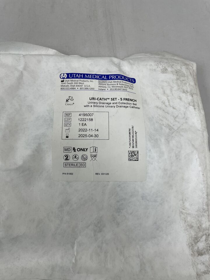 4195007 - UTAH MEDICAL - Juego de cateterismo urinario - 5 French, juego de drenaje y recolección urinaria con catéter de drenaje unidireccional de silicona, (unidad) - (Fecha de vencimiento: 30/04/2025)