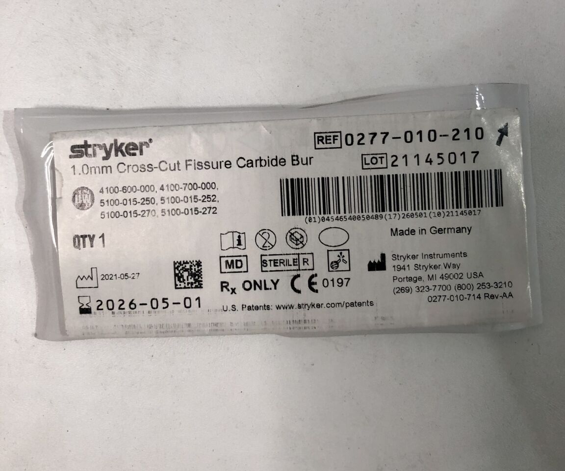 0277-010-210 - STRYKER - Fresa de carburo de fisura de corte transversal de 1,0 mm (unidades) - (Fecha de caducidad: 01/05/2026)