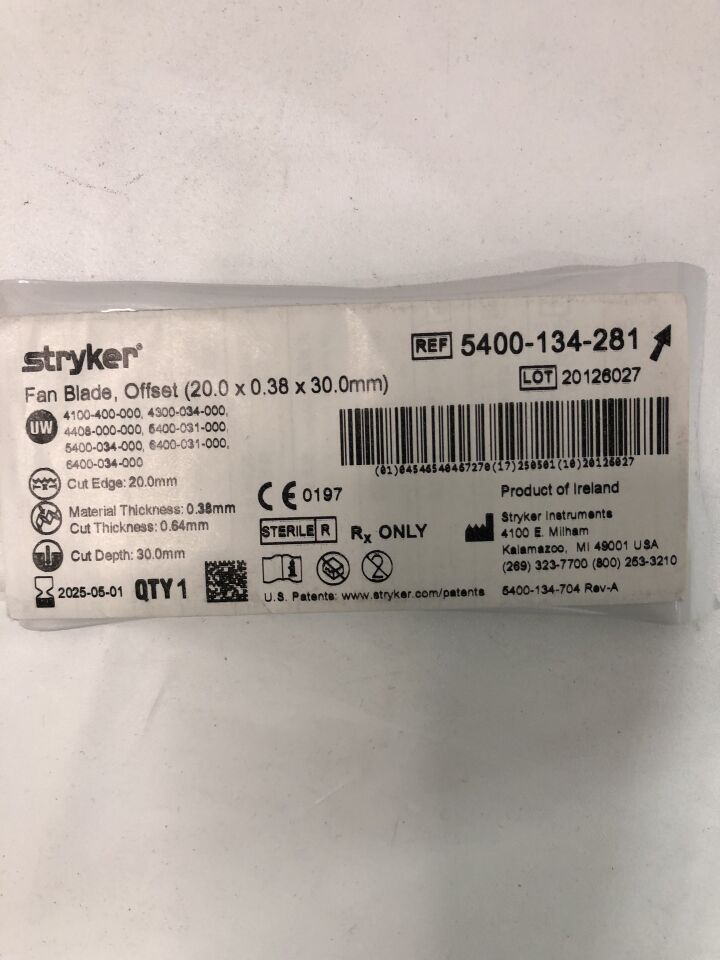 5400-134-281  -  STRYKER  -  Fan Blade, Offset, 20.0 x 0.38 x 30.0mm , ( EA )  -  ( Expiry Date : 2025-05-01 )