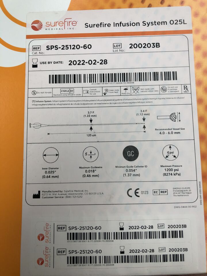 SPS-25120-60 - SUREFIRE - Precision Infusion System, 120cm, 0.025", Microcatheter w/ 7mm Expandable Tip, (BX/1) - ( Expiry Date: 2022-02-28 )